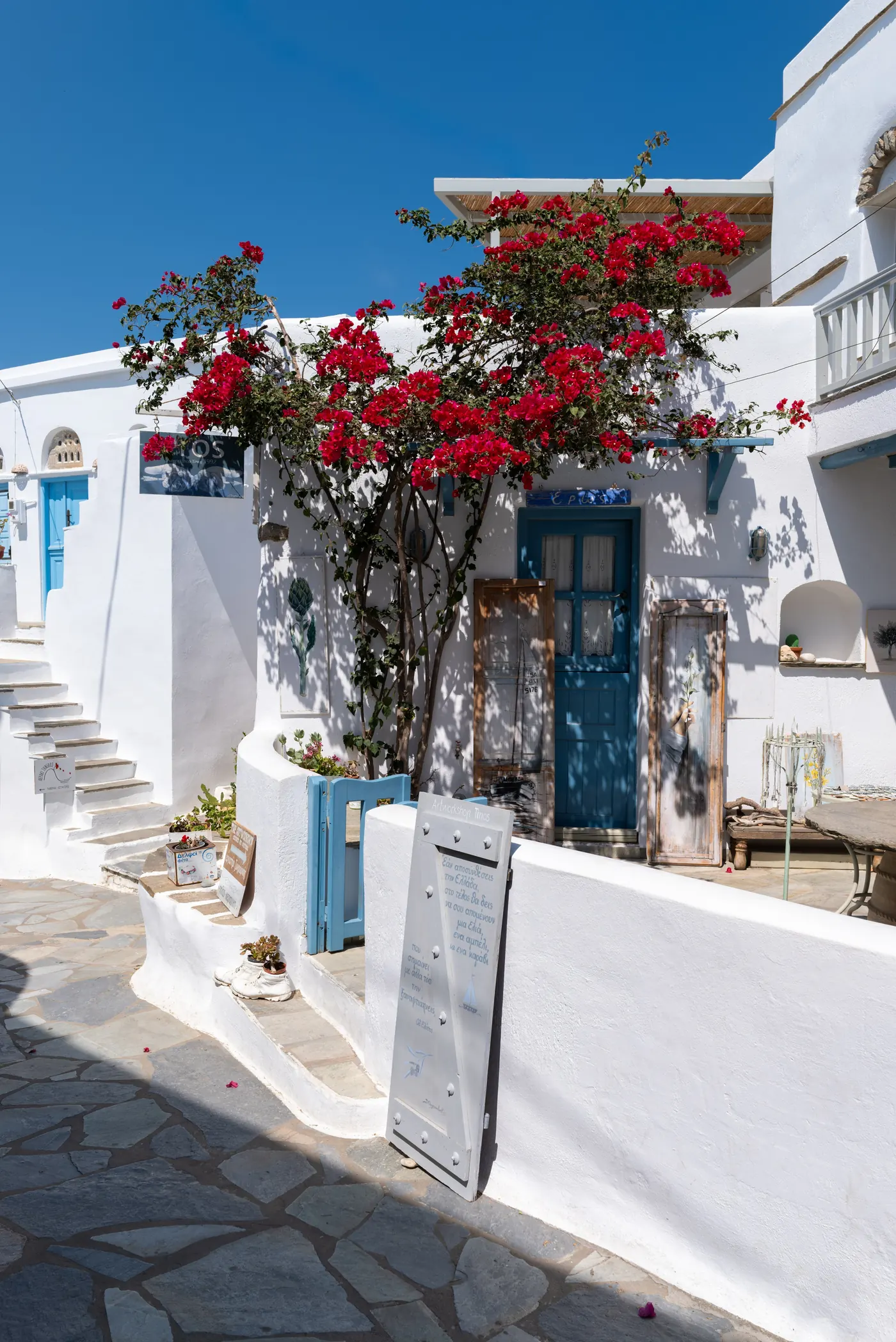 Blue door framed by bougainvillea